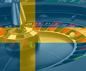 Rouletthjul i bakgrunden och svensk flagga i förgrunden